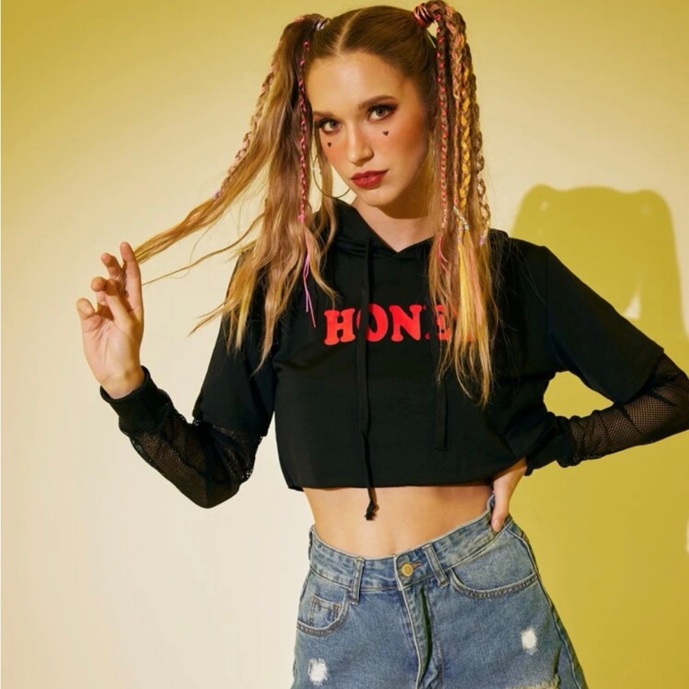 Cropped Graphic Tee with Fish Net Arms